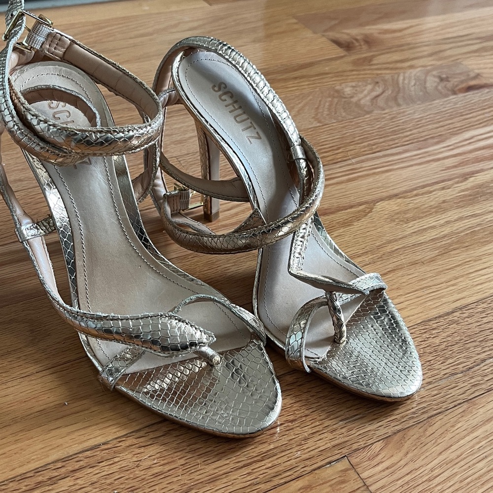 Schutz gold courtney high snake heel sandals size 8.5